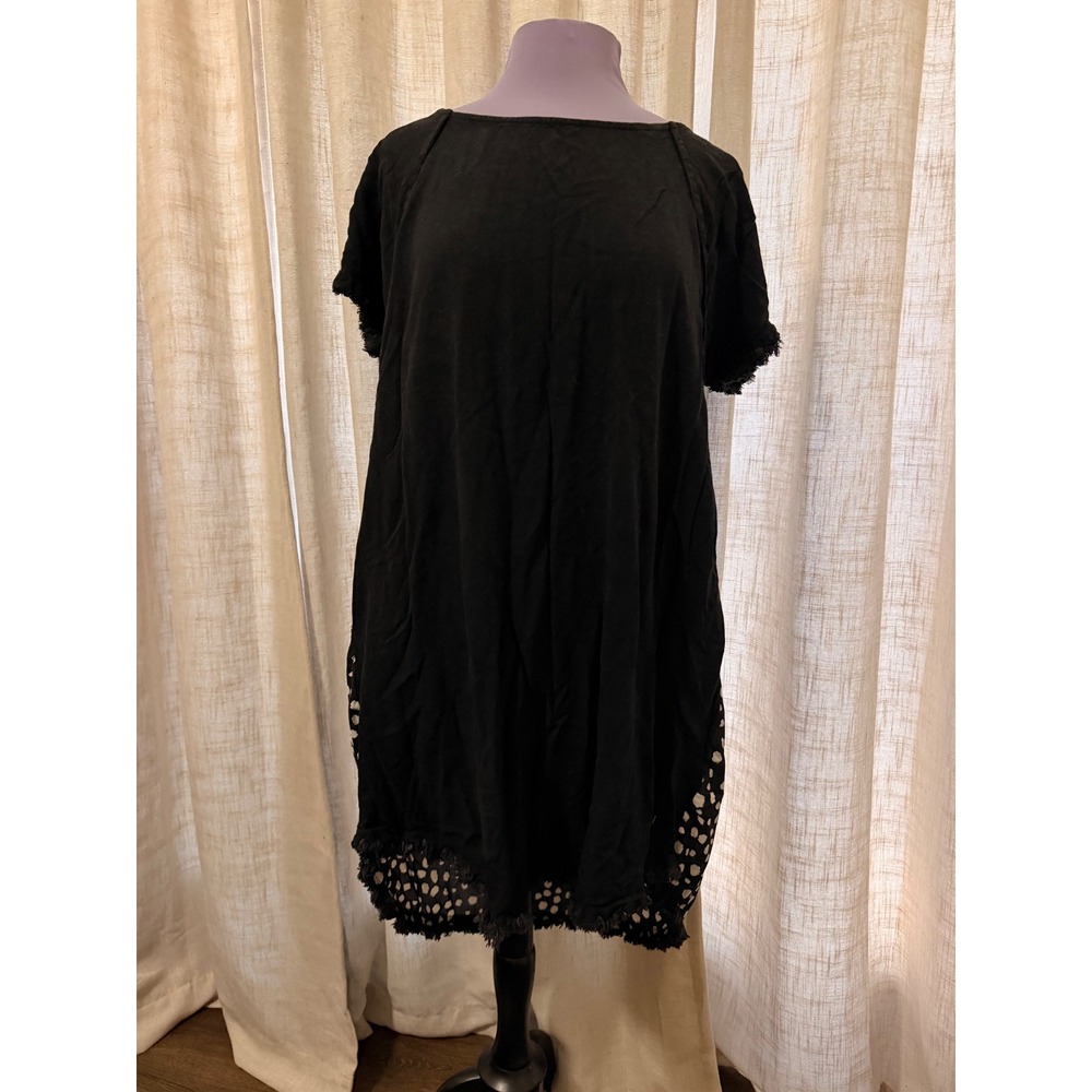 Umgee USA Womens XL Black Polka Dot Mixed Media Shift‎ Dress Frayed Hem Pockets